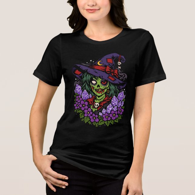 Februari Zombiehäxa med ädelstenar och blommor T Shirt (Framsida)