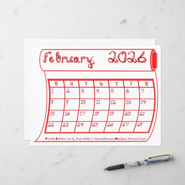 February 2026 Calendar Red Bolt Fabric Font Paper (Fram/Back In Situ)