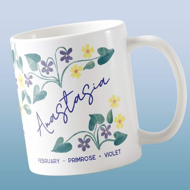February Birth Flower Custom Name Primrose Violet Kaffemugg (February birth month flowers primrose violet personalized custom name coffee mug with watercolor art)