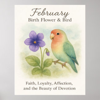 February Birthday Christian Floral Love Bird  Poster