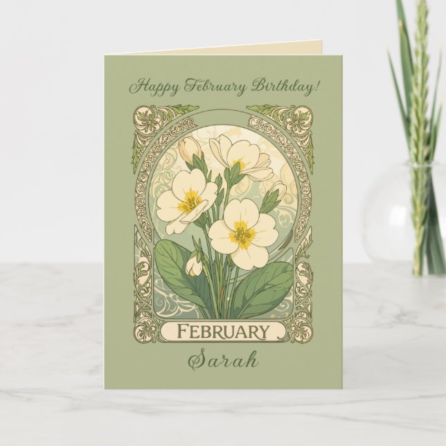 February Birthday Primrose Flowers Art Nouveau Sty Kort (Framsida)