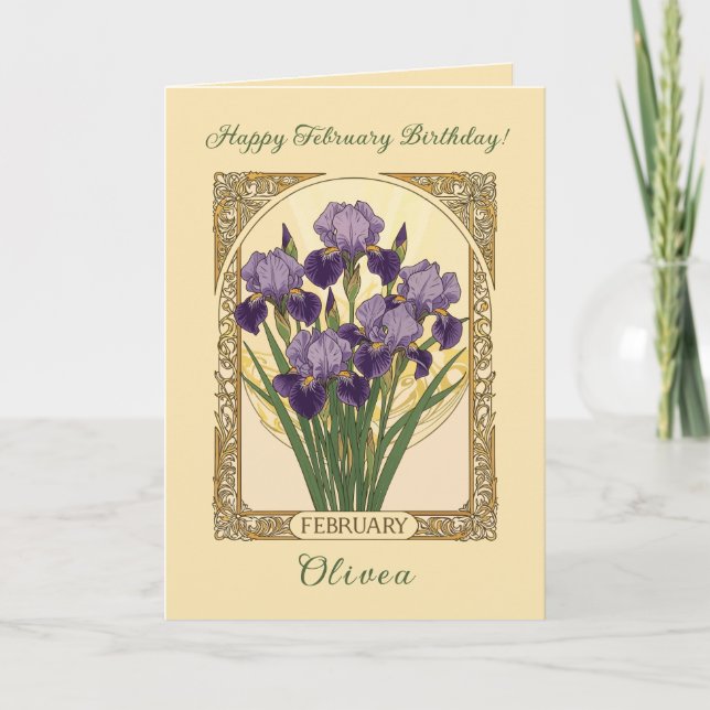 February Irises Birth Flower Art Nouveau Style Kort (Framsida)