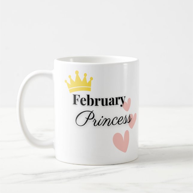 February Princess Mug – Gold Crown & Hearts Design Kaffemugg (Vänster)