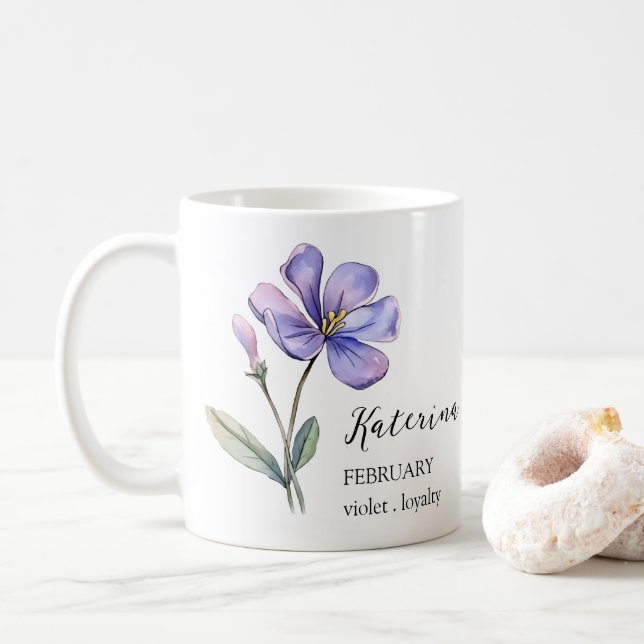 FEBRUARY VIOLET BIRTH FLOWER MÅNAD NAMN GIFT KAFFEMUGG (Med munk)