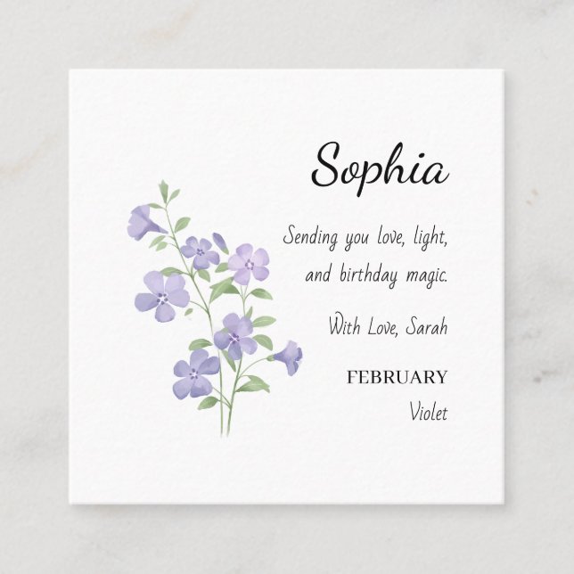 February Violet Personalized Birthday Fyrkantigt Visitkort (Framsida)