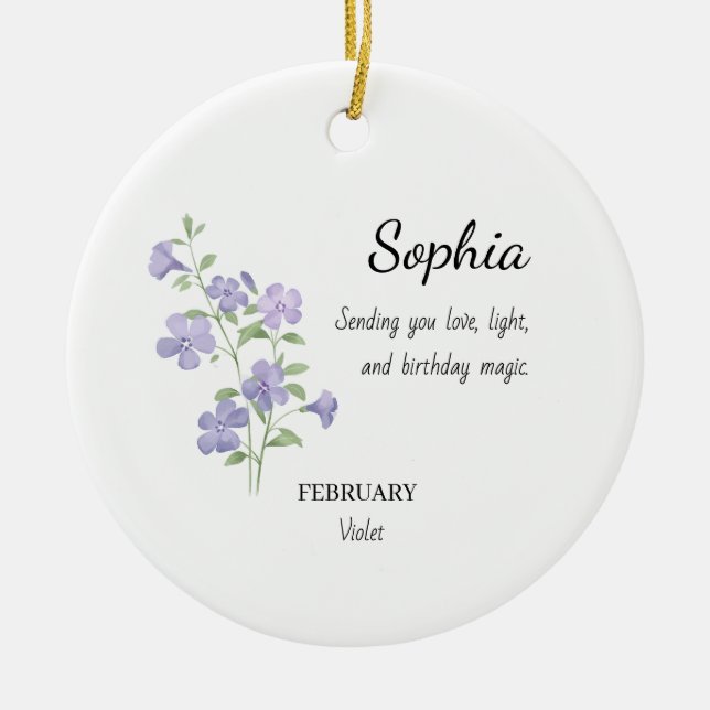 February Violet Personalized Birthday Julgransprydnad Keramik (Framsidan)