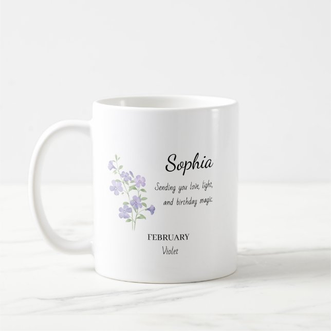 February Violet Personalized Birthday Kaffemugg (Vänster)