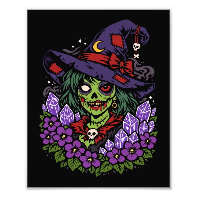 February Zombie Witch with Gems and Flowers Fototryck (Framsidan)