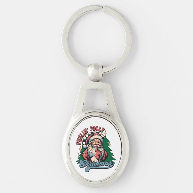 Feelin’ Jolly Christmas Santa Ovalt Silverfärgad Nyckelring (Framsidan)