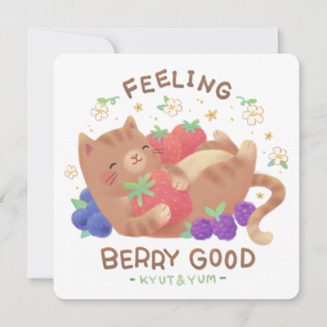 Feeling Berry Good: Cute Cat with Berries Inbjudningar (Framsida)