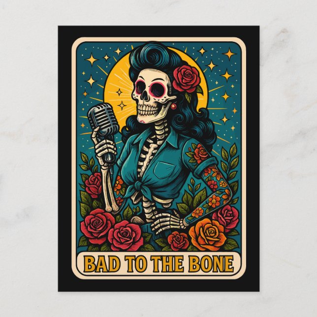 Felaktig för Bone Retro Skeleton Singer Helg Vykort (Framsida)