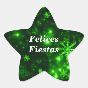 Felices Fiestas Snöflingor Grönt Star Stickers Stjärnformat Klistermärke