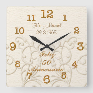Feliz 50 Aniversario med parets NAMN och DATERAR Fyrkantig Klocka