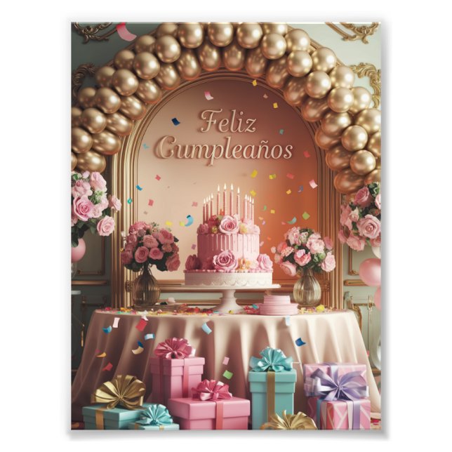 “Feliz Cumpleaños” Elegant Pink & Gold Birthday Fototryck (Framsidan)