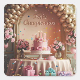 “Feliz Cumpleaños” Elegant Pink & Gold Birthday  Fyrkantigt Klistermärke