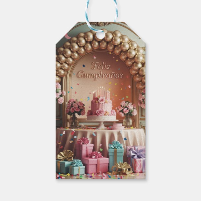 “Feliz Cumpleaños” Elegant Pink & Gold Birthday  Presentetikett (Framsidan)