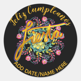 Feliz Cumpleanos FIESTA Folk Flowers Personlig Runt Klistermärke