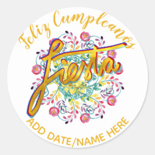 Feliz Cumpleanos FIESTA Folk Flowers Personlig Runt Klistermärke