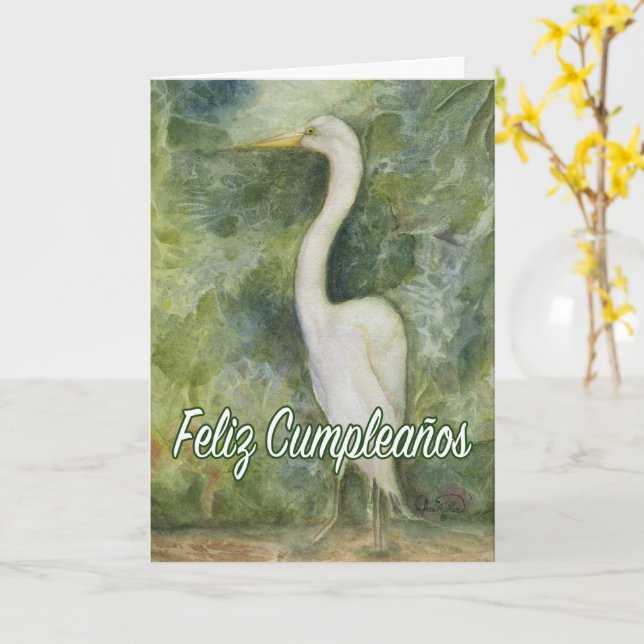 Feliz Cumpleaños Garza blanca Egret Spain B Day Kort (Gul blomma)