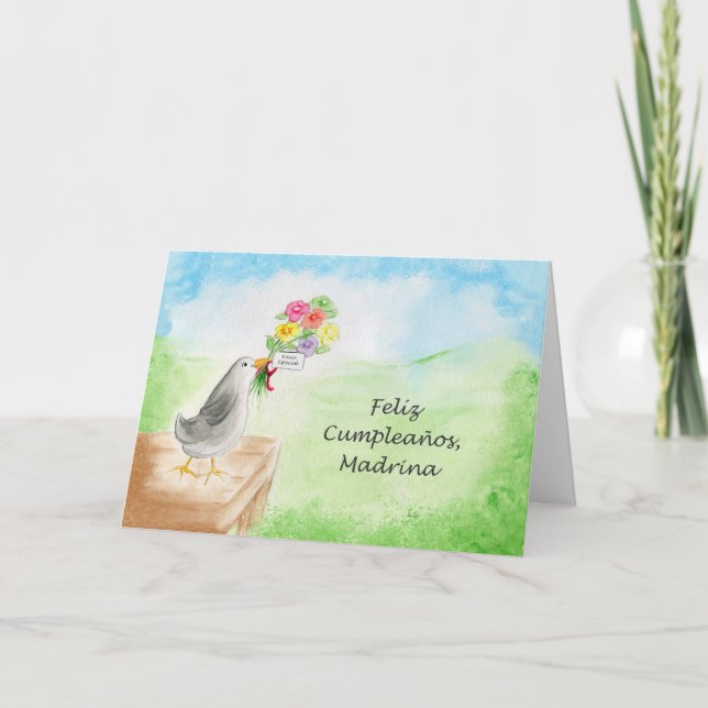 Feliz Cumpleanos Madrina, Pajaro lurar Flores Kort (Framsida)