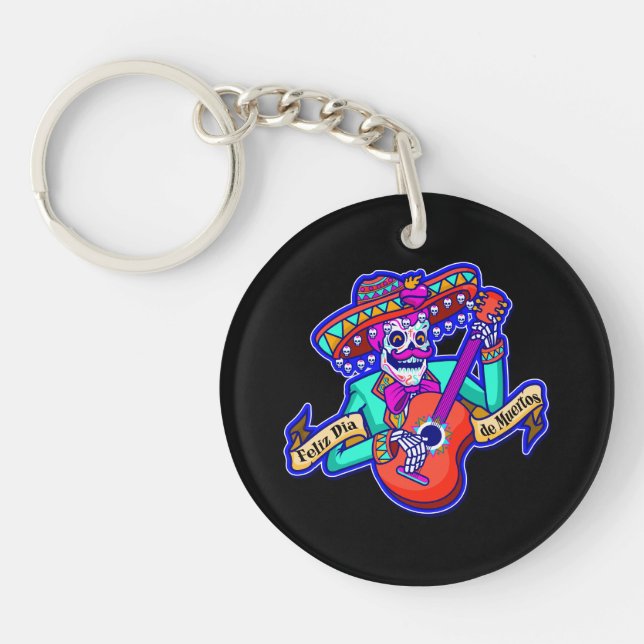 Feliz Dia De Muertos med Skeleton Spela Guitar (Framsidan)
