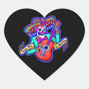 Feliz Dia De Muertos med Skeleton Spela Guitar Hjärtformat Klistermärke