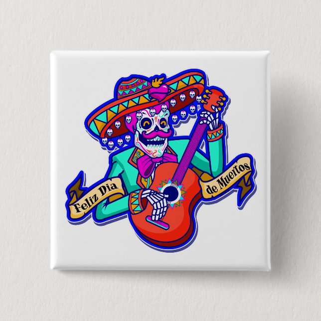 Feliz Dia De Muertos med Skeleton Spela Guitar Knapp (Framsida)