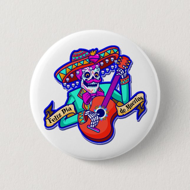 Feliz Dia De Muertos med Skeleton Spela Guitar Knapp (Framsida)