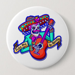 Feliz Dia De Muertos med Skeleton Spela Guitar Knapp