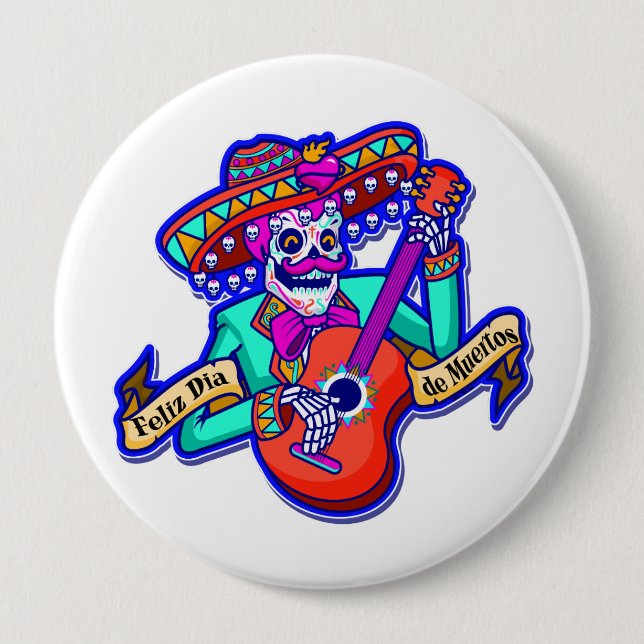 Feliz Dia De Muertos med Skeleton Spela Guitar Knapp (Framsida)