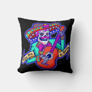 Feliz Dia De Muertos med Skeleton Spela Guitar Kudde