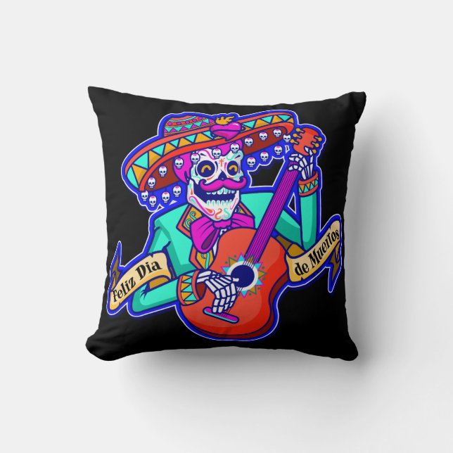 Feliz Dia De Muertos med Skeleton Spela Guitar Kudde (Framsida)