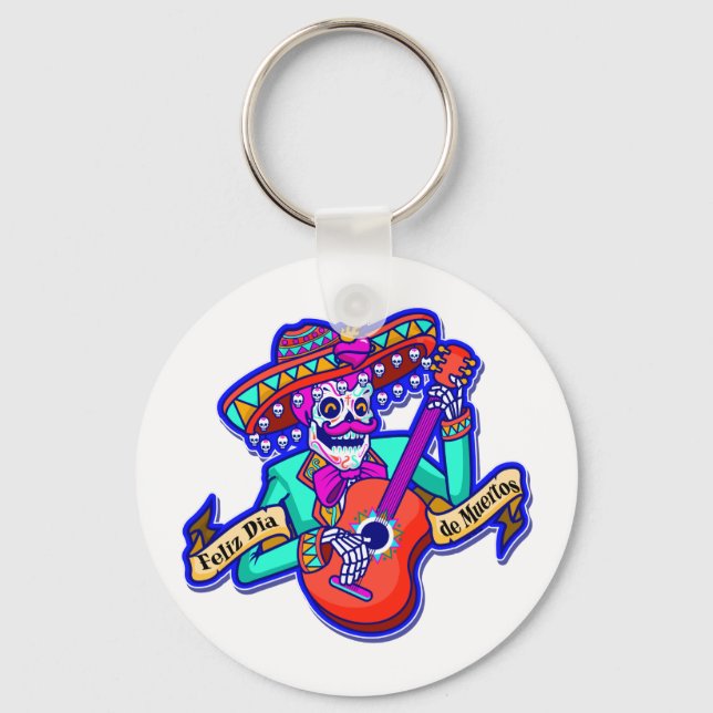 Feliz Dia De Muertos med Skeleton Spela Guitar Nyckelring (Framsida)