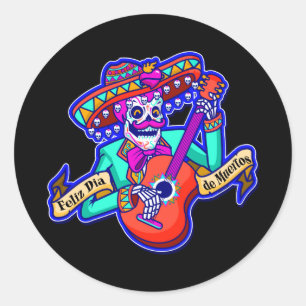 Feliz Dia De Muertos med Skeleton Spela Guitar Runt Klistermärke