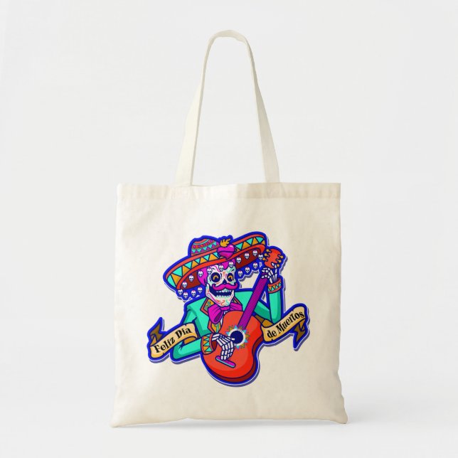 Feliz Dia De Muertos med Skeleton Spela Guitar Tygkasse (Framsidan)