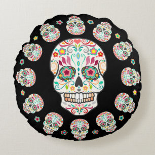 Feliz Muertos - den festliga sockerdöskallarrunda Rund Kudde