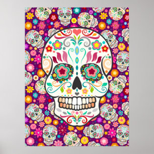 Feliz Muertos - Festive Sugar Döskallars on Lila Poster