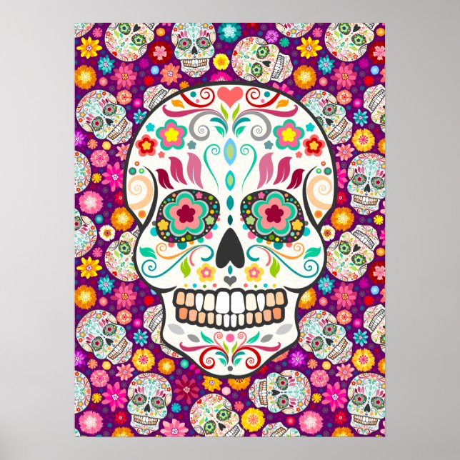 Feliz Muertos - Festive Sugar Döskallars on Lila Poster (Framsidan)