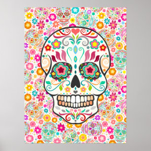 Feliz Muertos - Festive Sugar Döskallars on White Poster