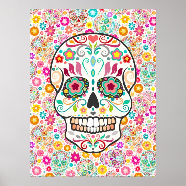 Feliz Muertos - Festive Sugar Döskallars on White Poster (Framsidan)