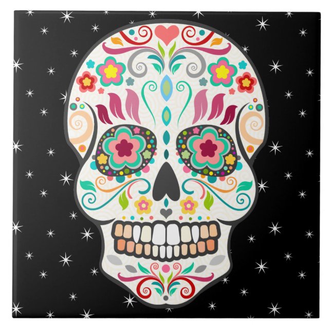 Feliz Muertos - Festive Sugar Skull Tile Kakelplatta (Framsidan)