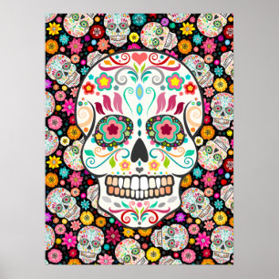 Feliz Muertos - festlig sockerdöskallar på svart Poster