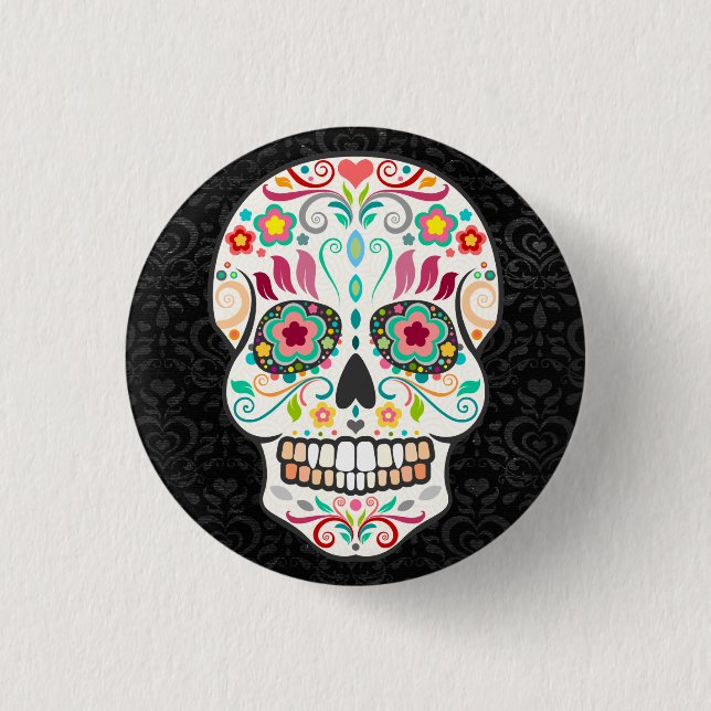 Feliz Muertos - Lycklig Sugar Skull Button Pin Knapp (Framsida)