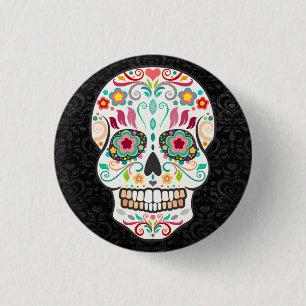 Feliz Muertos - Lycklig Sugar Skull Button Pin Knapp