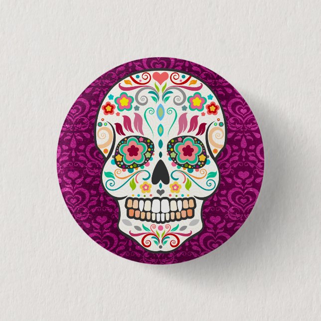 Feliz Muertos - Lycklig Sugar Skull Button Pin Knapp (Framsida)