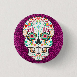 Feliz Muertos - Lycklig Sugar Skull Button Pin Knapp