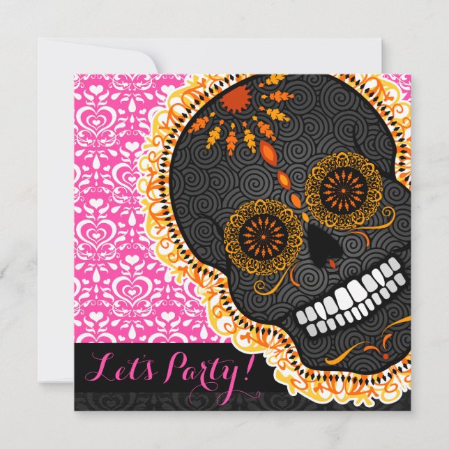 Feliz Muertos orange vippad på sockerskalle på Inbjudningar (Framsida)