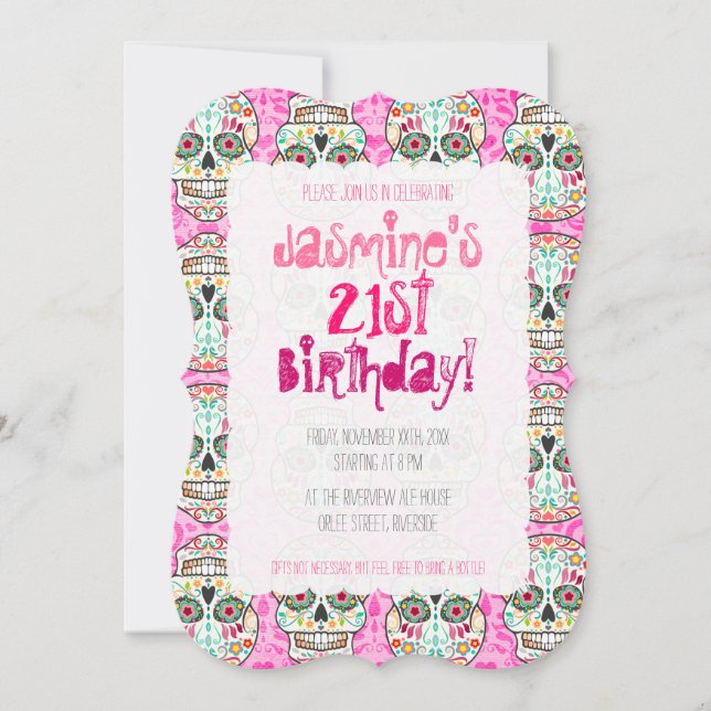 Feliz Muertos Sugar Skull på Rosa Damask Inbjudningar (Framsida)