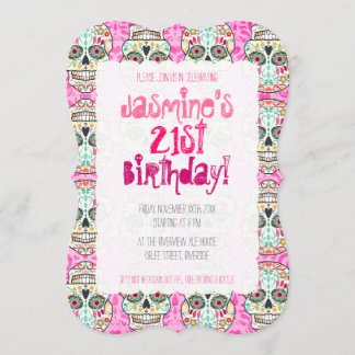 Feliz Muertos Sugar Skull på Rosa Damask Inbjudningar