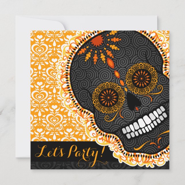 Feliz Muertos Tilted Orange and Black Sugar Skull Inbjudningar (Framsida)